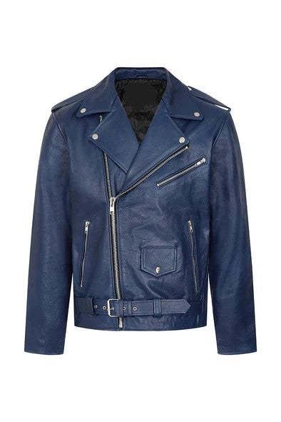 A classic, rugged blue leather biker jacket for men, featuring zippered pockets and a collar. A versatile leather jacket in a neutral color, perfect for any wardrobe. A trendy women's leather jacket with a modern silhouette. A durable, masculine leather jacket for men, ideal for everyday wear.