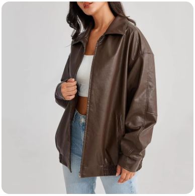 Brown Leather Jacket Women – Stylish Oversized Look
