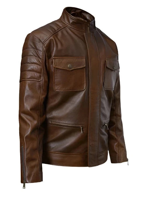 Men's Classic Leather Bomber Jacket with Quilted Shoulder Detail