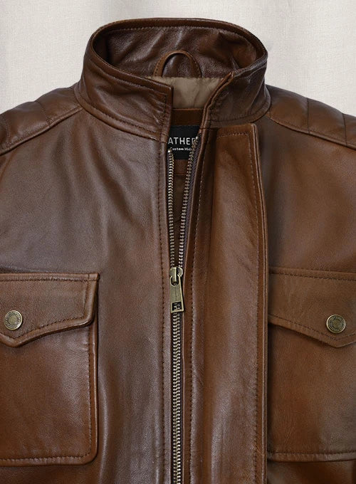 Men's Classic Leather Bomber Jacket with Quilted Shoulder Detail