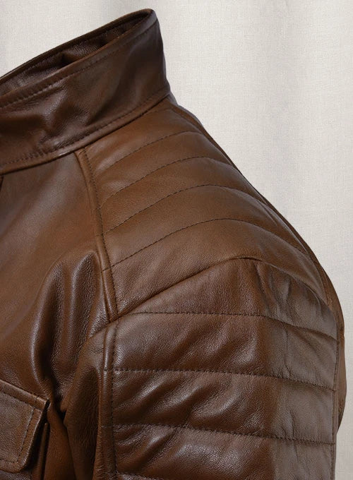 Men's Classic Leather Bomber Jacket with Quilted Shoulder Detail