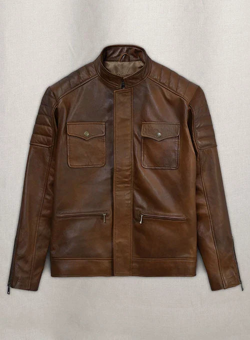 Men's Classic Leather Bomber Jacket with Quilted Shoulder Detail