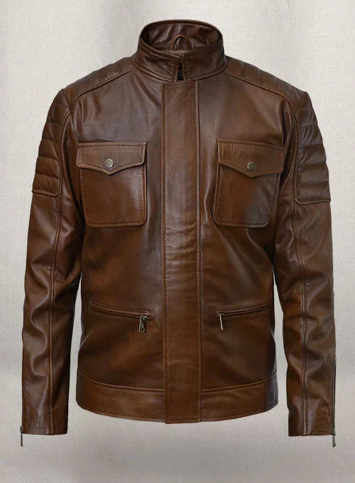 Men's Classic Leather Bomber Jacket with Quilted Shoulder Detail