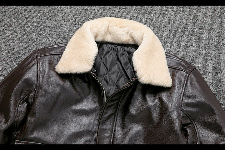 Men's Leather Bomber Jacket with Fur Collar