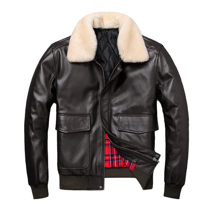 Men's Leather Bomber Jacket with Fur Collar