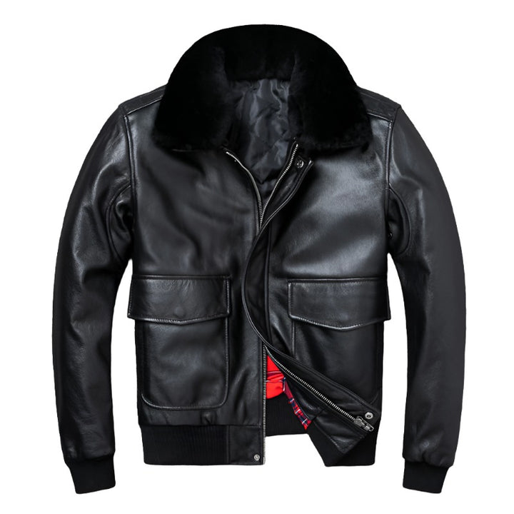 Men's Leather Bomber Jacket with Fur Collar