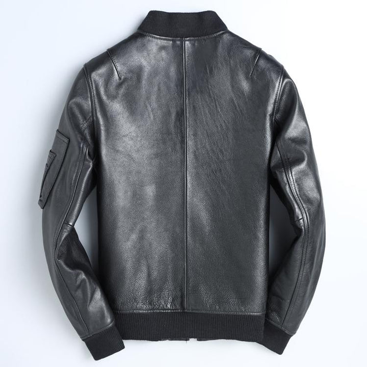 Men's Leather Bomber Jacket - Ribbed