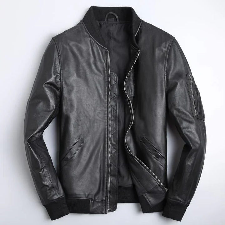 Men's Leather Bomber Jacket - Ribbed