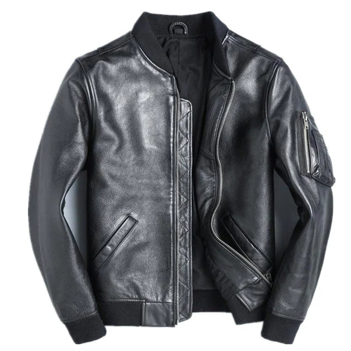 Men's Leather Bomber Jacket - Ribbed