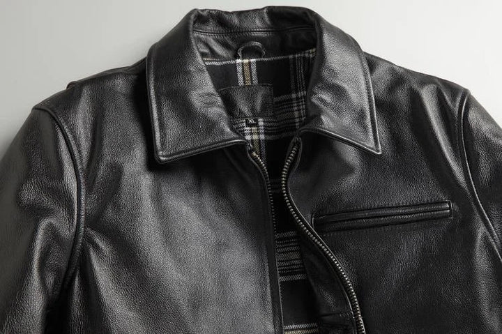 Men's Leather Field Jacket with Plaid Lining