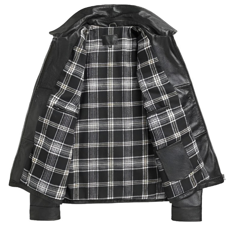 Men's Leather Field Jacket with Plaid Lining