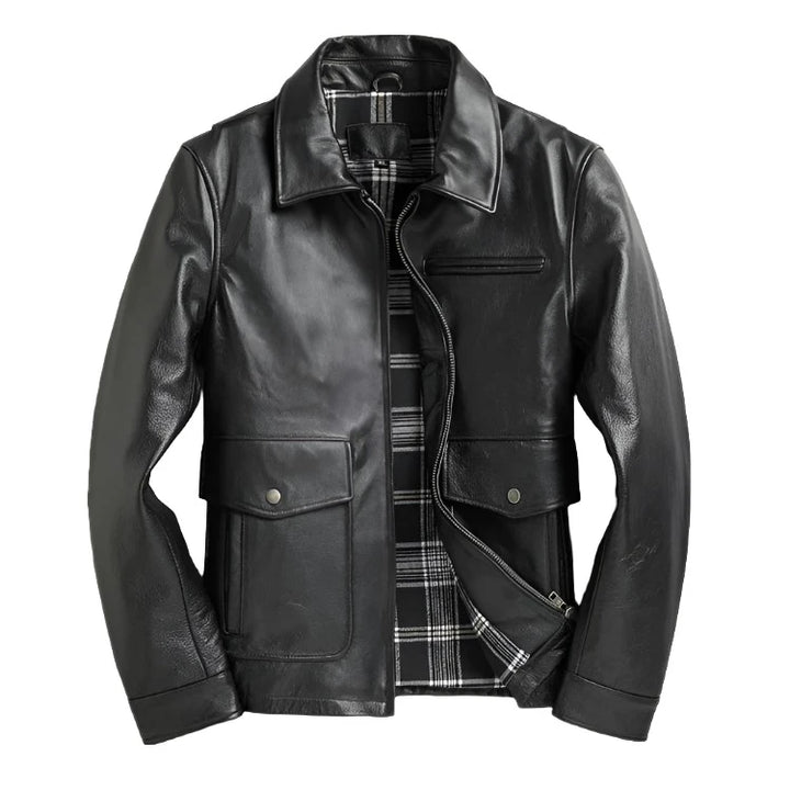 Men's Leather Field Jacket with Plaid Lining