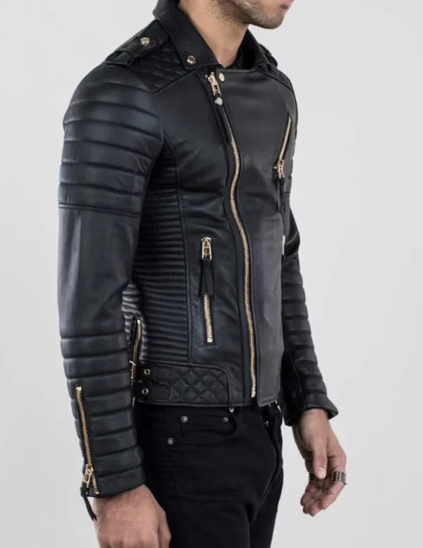 Men's Quilted Leather Biker Jacket with Zippers