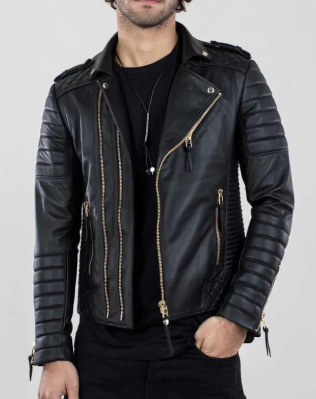 Men's Quilted Leather Biker Jacket with Zippers