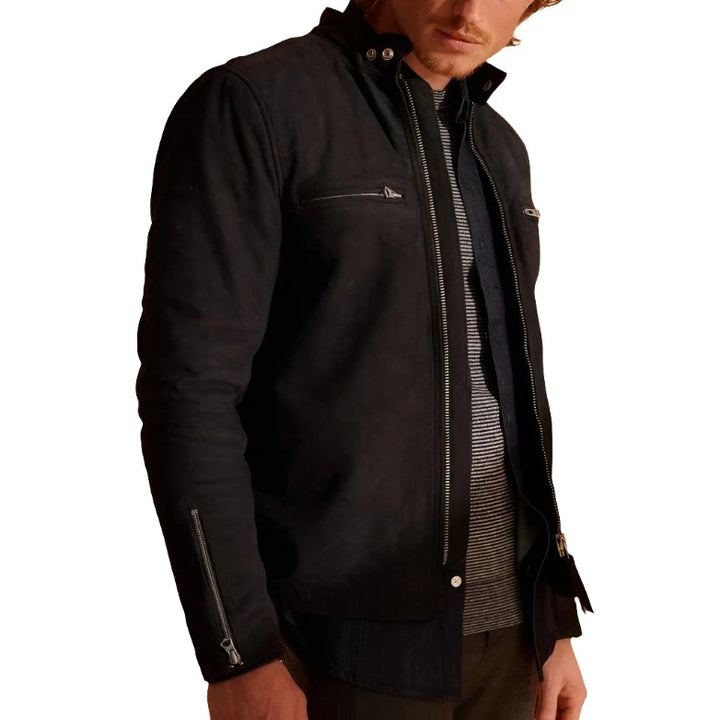 Men's Suede Bomber Jacket with Zipper Accents