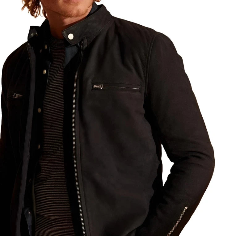 Men's Suede Bomber Jacket with Zipper Accents