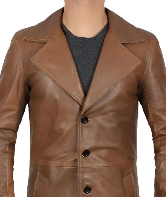 Men's Tan Leather Trench Coat