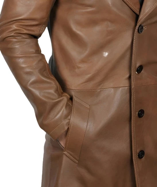 Men's Tan Leather Trench Coat