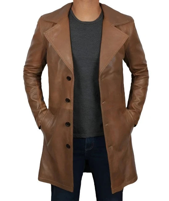 Men's Tan Leather Trench Coat