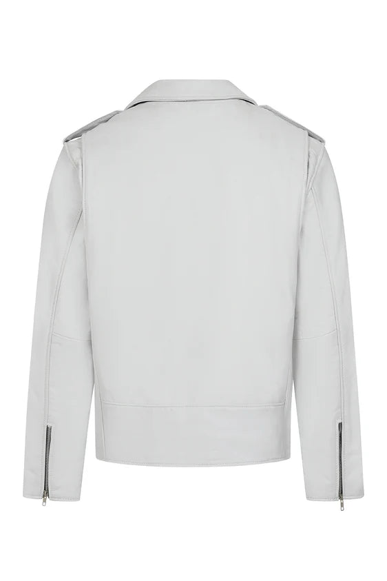 White leather jacket for both men and women, designed with an asymmetrical zipper and comfortable interior lining.