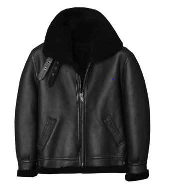 Stylish black leather bomber jacket for men and women with zippered pockets and a sleek design.