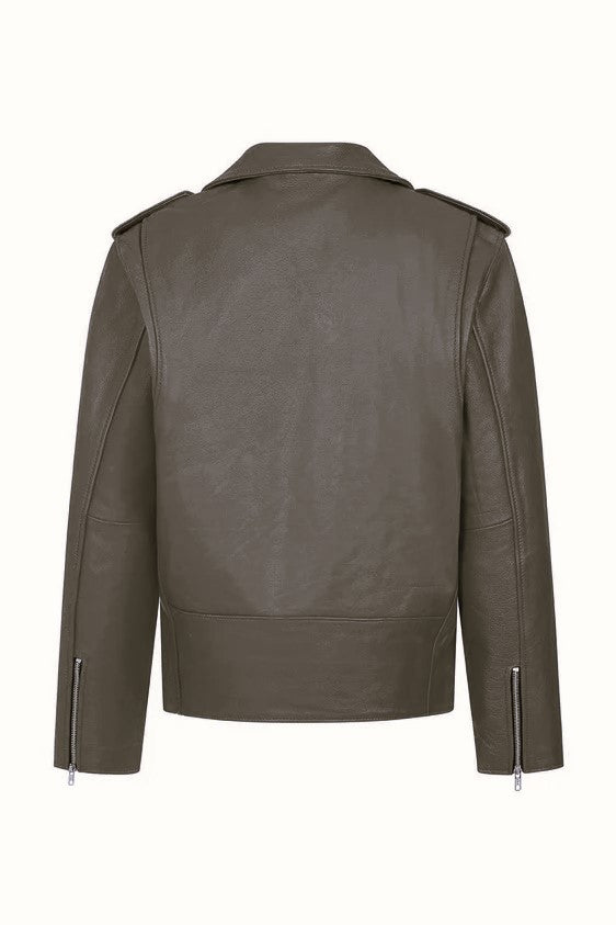 Classic brown leather jacket for mens and women featuring multiple zippered pockets and premium leather.