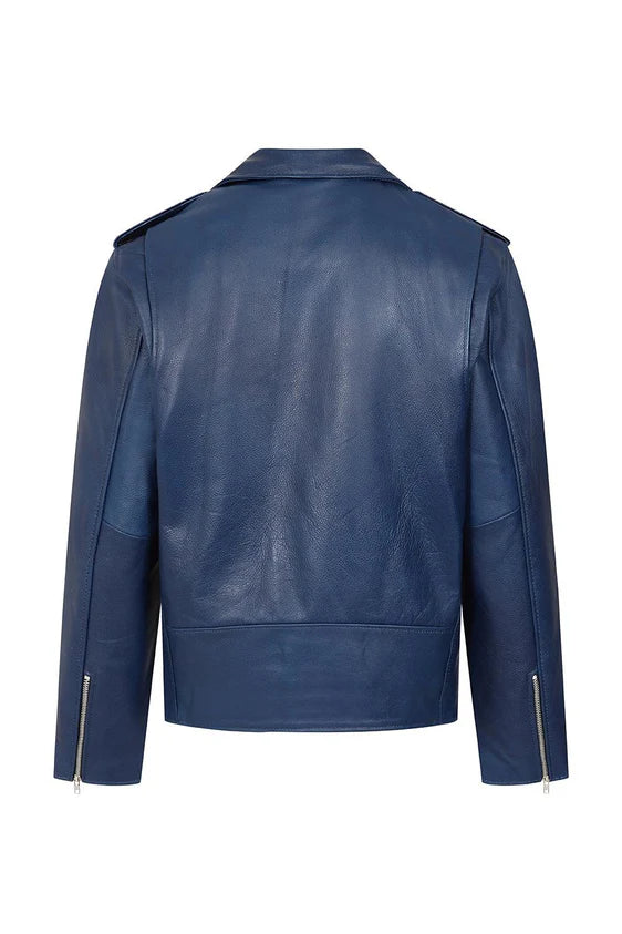 Premium blue leather jacket for men featuring adjustable waist belt and multiple pockets.