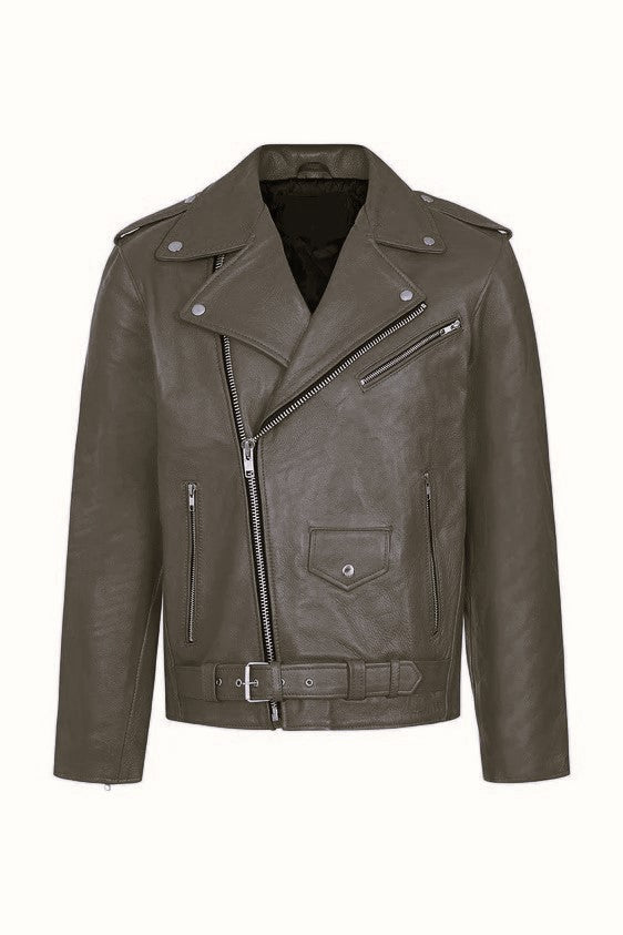 Mens brown leather biker jacket with adjustable waist belt and asymmetrical zipper.