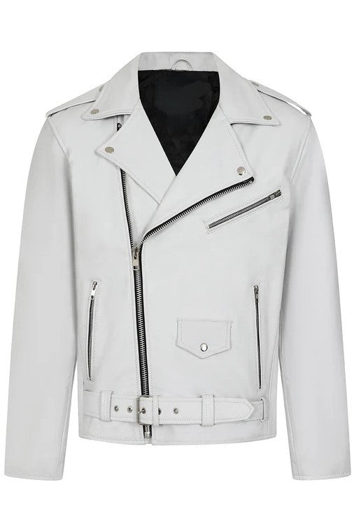 Mens white leather biker jacket with a modern twist, featuring functional pockets and premium leather.