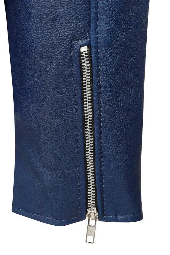 High-quality blue leather biker jacket for men an women with functional pockets and comfortable interior. zip on sleeves